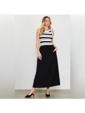 Skies Are Blue Black & White Striped Tank Maxi Dress